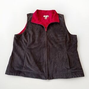 Christopher & Banks Women's Vest XL Gray Faux Fur Floral Pattern‎ Pink Lining